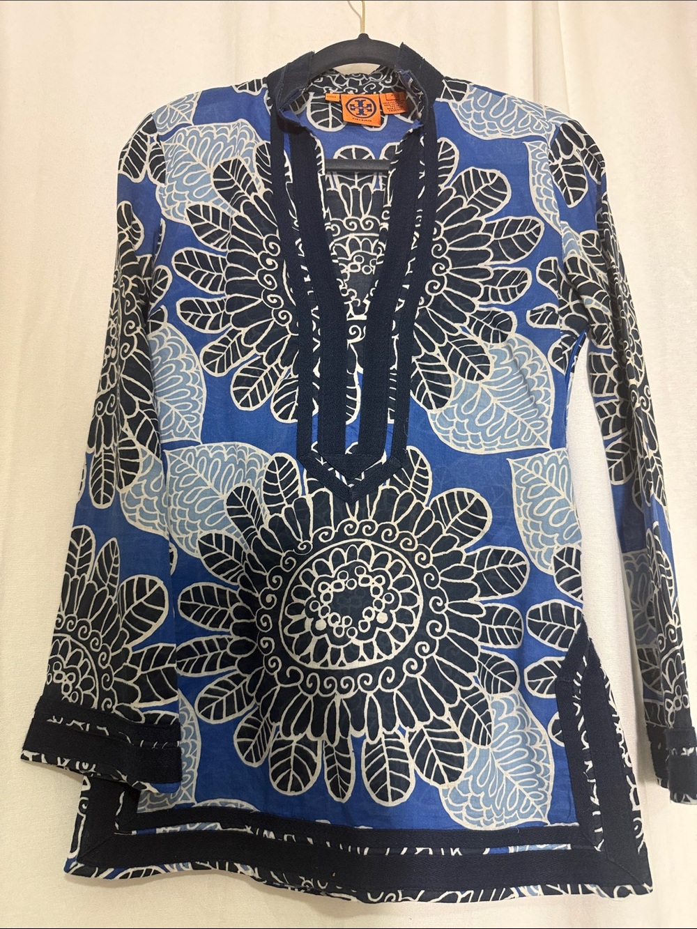 Tory Burch Blouse Long Sleeve Top Tunic Print 100% Cotton V Neck